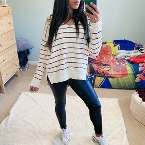 Striped chenille v neck sweater